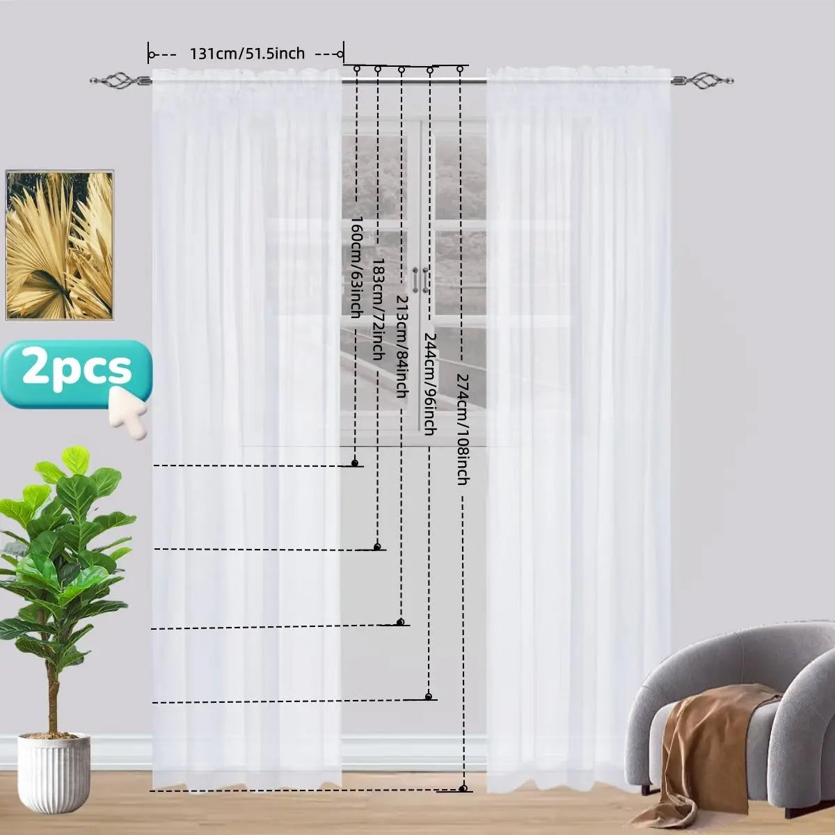 2pcs Solid Sheer Curtain, 2pcs Solid Rod Pocket Top Draperies For Living Room & Bedroom, Window Treatment For Bedroom Living Room Decor