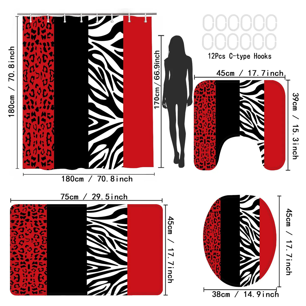 LVRLVR 4Pcs Leopard Zebra Print Bold Animal Print Multi-Color Bathroom Shower Curtain Set 70.8×70.8 Inch