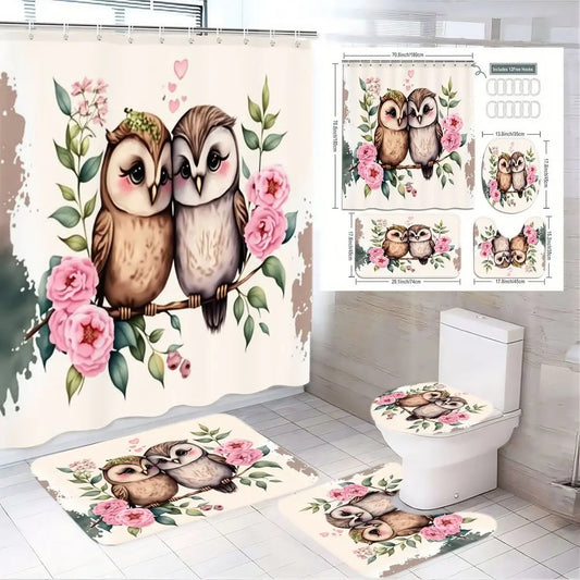 Watercolor Owl Couple Cute Shower Curtain Set – Soft Thick Fabric Featuring Adorable Kissing Owls with Blush Roses and Eucalyptus Leaves, Extra Plush Bath Mats for Cloud-Like Comfort, Perfect for Valentine’s Day or Romantic Spring Garden Parties