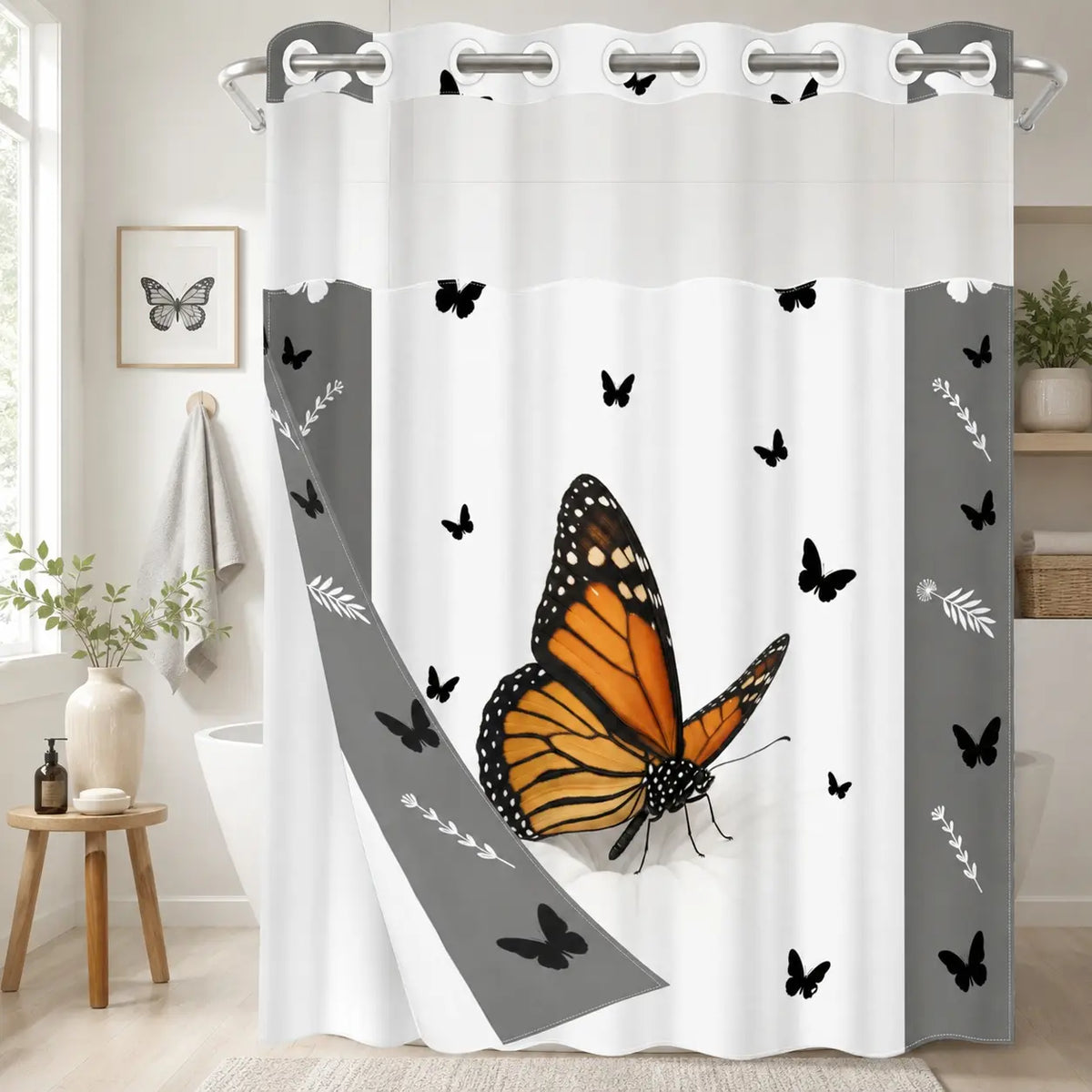 1pc hookless shower curtain with liner, black, white cat paw decorative design 2D printing, fabric waterproof liner, see-through window, double-layer, 71 x 74 inches, modern home decoration, Shower Curtain No Hooks With Liner