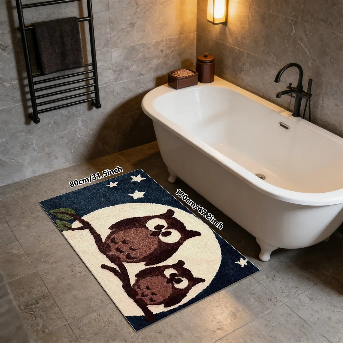 Moonlit Owl Bathroom Rug, Non-Slip Bath Mat, Soft Comfortable Shower Carpet, Deep Blue Starry Sky Design, Durable Floor Pad