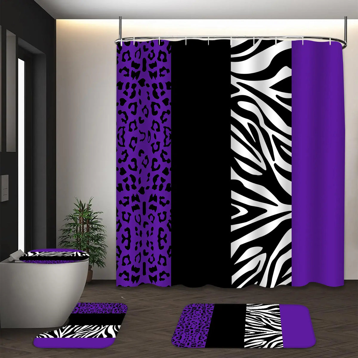 LVRLVR 4Pcs Leopard Zebra Print Bold Animal Print Multi-Color Bathroom Shower Curtain Set 70.8×70.8 Inch