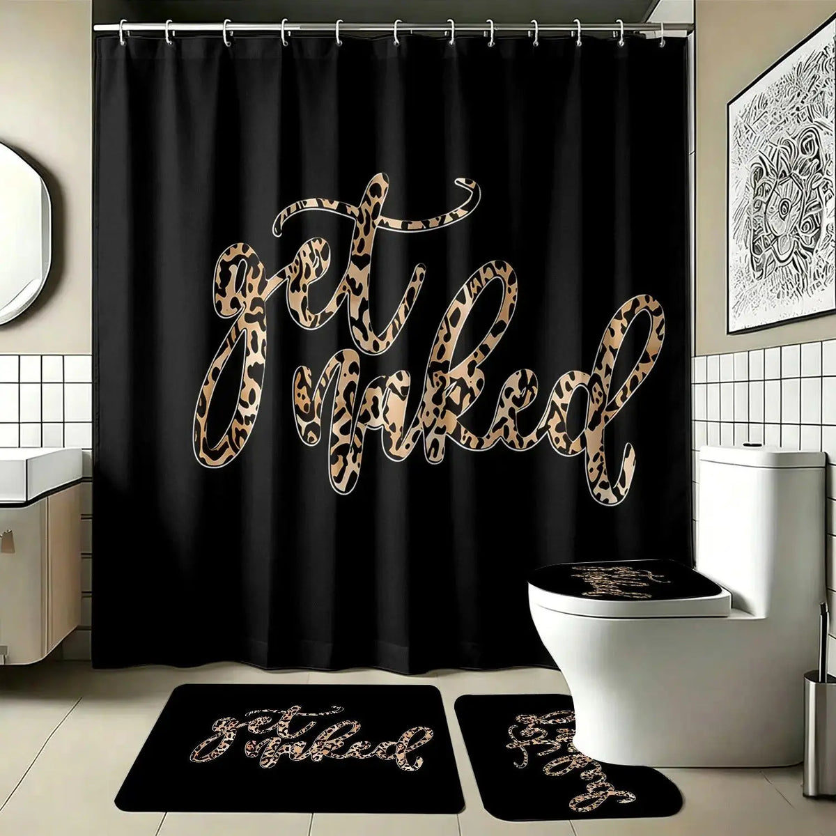 1/4pcs Fashion Glam Leopard Print Animals Polyester Bathroom Curtain Combo Set - Black Background "Get Naked" Sassy Quote, Thick-Soft Floor Mat, Shower Curtain Cloth, Softness for Festive Bathroom Decor