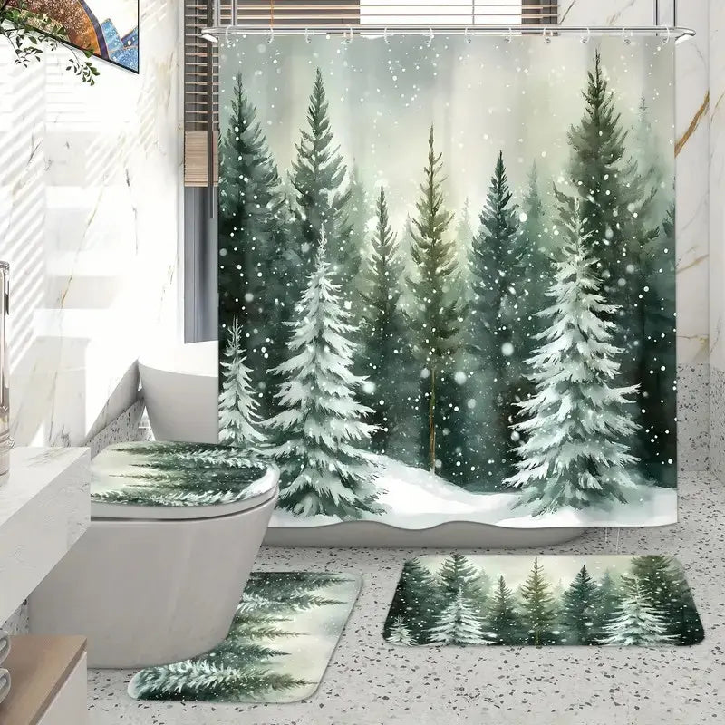 Christmas Style Snowy Forest Tree Scene Shower Curtain Set, Non-Slip Rug, U-Shaped Mat, Toilet Lid Cover, Bathroom Decoration Accessories, Perfect for Bathroom Decor, Decorative Shower Curtain, Shower Curtain Set With Rugs