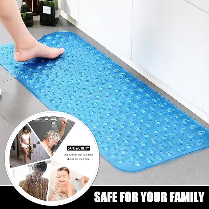 Antislip Grip PVC Bath Mat for Tub, 40x16 in Extra Long Soft Pebble Texture, Machine Washable, Fast-Drying Drainable, Strong Suction Cups, for Family, Bathroom Household Items (Blue, Clear, Light Gray, Black)