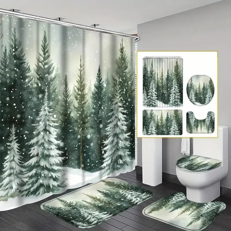 Christmas Style Snowy Forest Tree Scene Shower Curtain Set, Non-Slip Rug, U-Shaped Mat, Toilet Lid Cover, Bathroom Decoration Accessories, Perfect for Bathroom Decor, Decorative Shower Curtain, Shower Curtain Set With Rugs