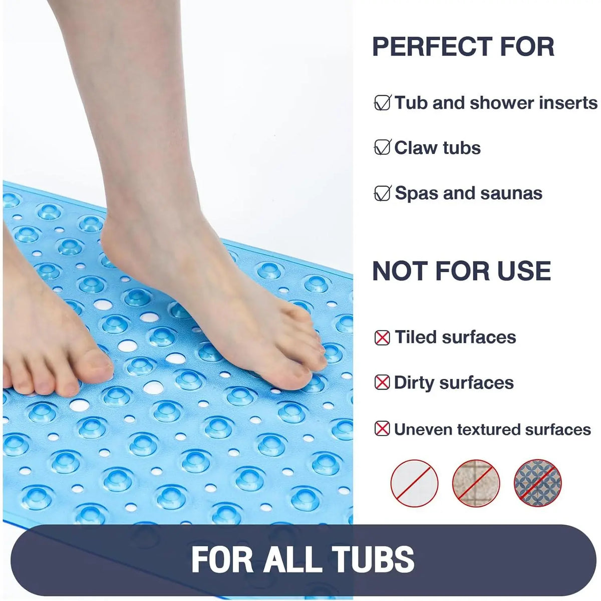 Shower Floor Mat 40x16 Inch,Non Slip Bath Mat With Firm Suction Cups,Extra Large Machine Washable Bathtub Rug,Drain Holes Keep Tub Clean,Waterproof Mold Resistant Rubber PVC Mat,Blue Black Transparent Light Gray,Home Essentials For All Ages Family
