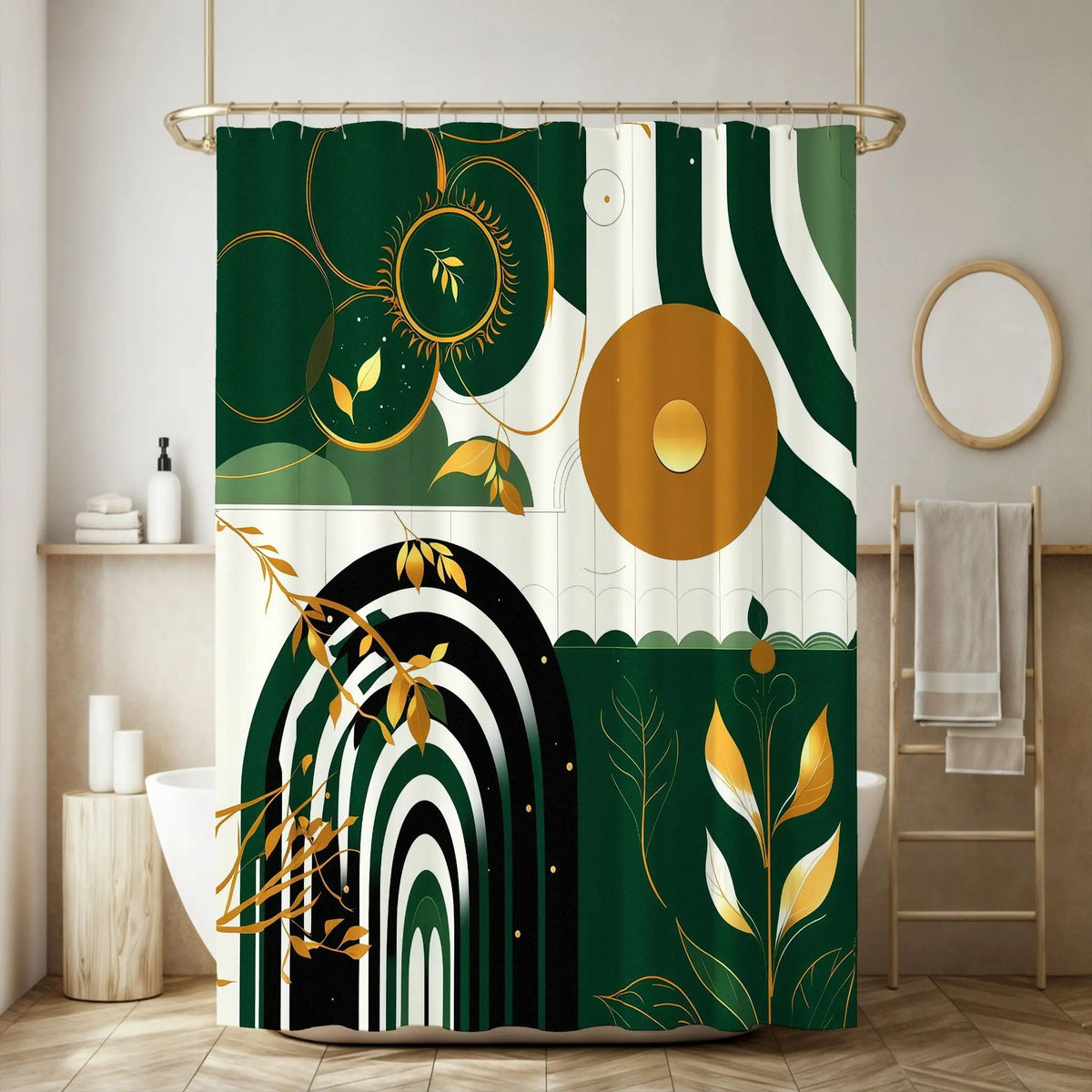 Artistic Abstract Nature-Inspired Decorative Shower Curtain with Golden Sun Motif, Stylized Botanical Illustrations & Geometric Patterns in Deep Forest Green and Cream – Perfect for Modern Bathrooms this Holiday Season