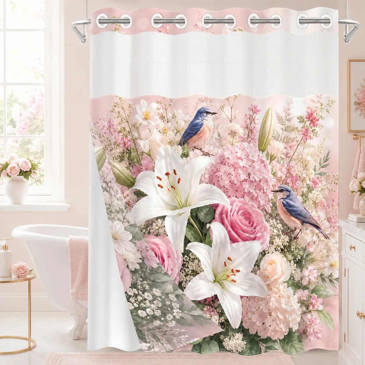 Blue Lily Rose Bird No Hook Shower Curtain Floral with Snap-In Liner, Double Layer Waterproof, Sheer Mesh Top, Removable White Liner, Machine Washable, Farmhouse Garden Decor, Hotel, Dorm & Home Bathroom Accessory, 72 x 74 Inches