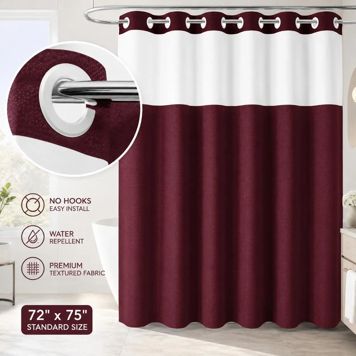 Brown No Hook Shower Curtain with Snap in Liner grey Waffle Pattern Shower Curtain Double Layer Shower Curtain -Fabric Waterproof Inner Liner,Bathroom Accessory for Home, Hotel, Salon & Dormitory Decor