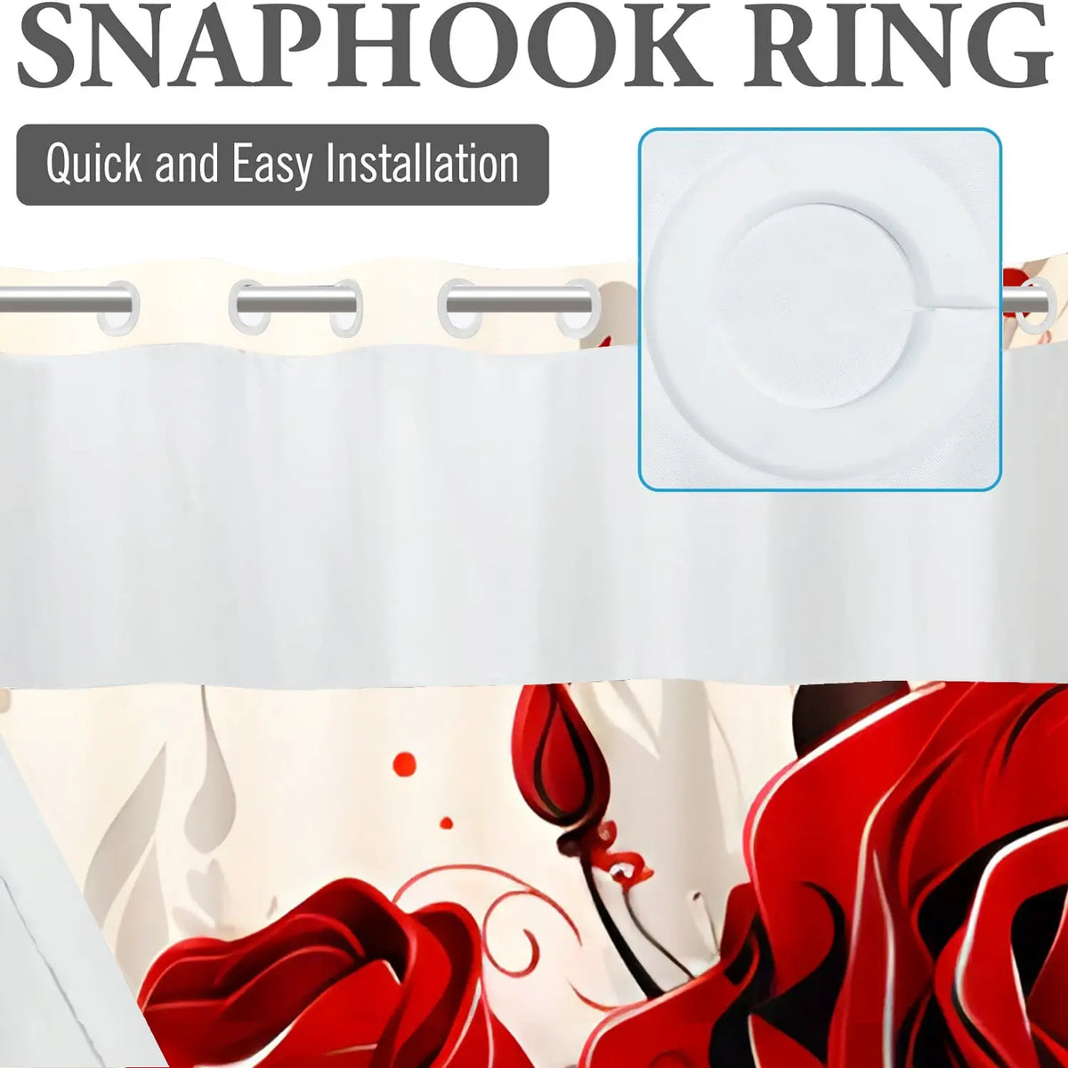 LVRLVR 1pc Romantic Red Rose Floral Flower Decorative Shower Curtain and Liner with Sheer Top Window, Detachable Liner & No Hook C-Ring, 70.8" x 74"