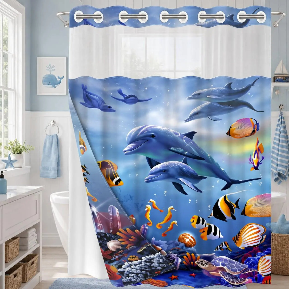 1 Pc Hookless Double Layer Shower Curtain, No Hook Shower Curtain, Underwater World Dolphin Print, Machine Washable Waterproof Mildew Resistant Fabric, Ocean Vibe Home Bathroom Decor, Removable Snap-in Liner, Bathroom Divider - 71"×74
