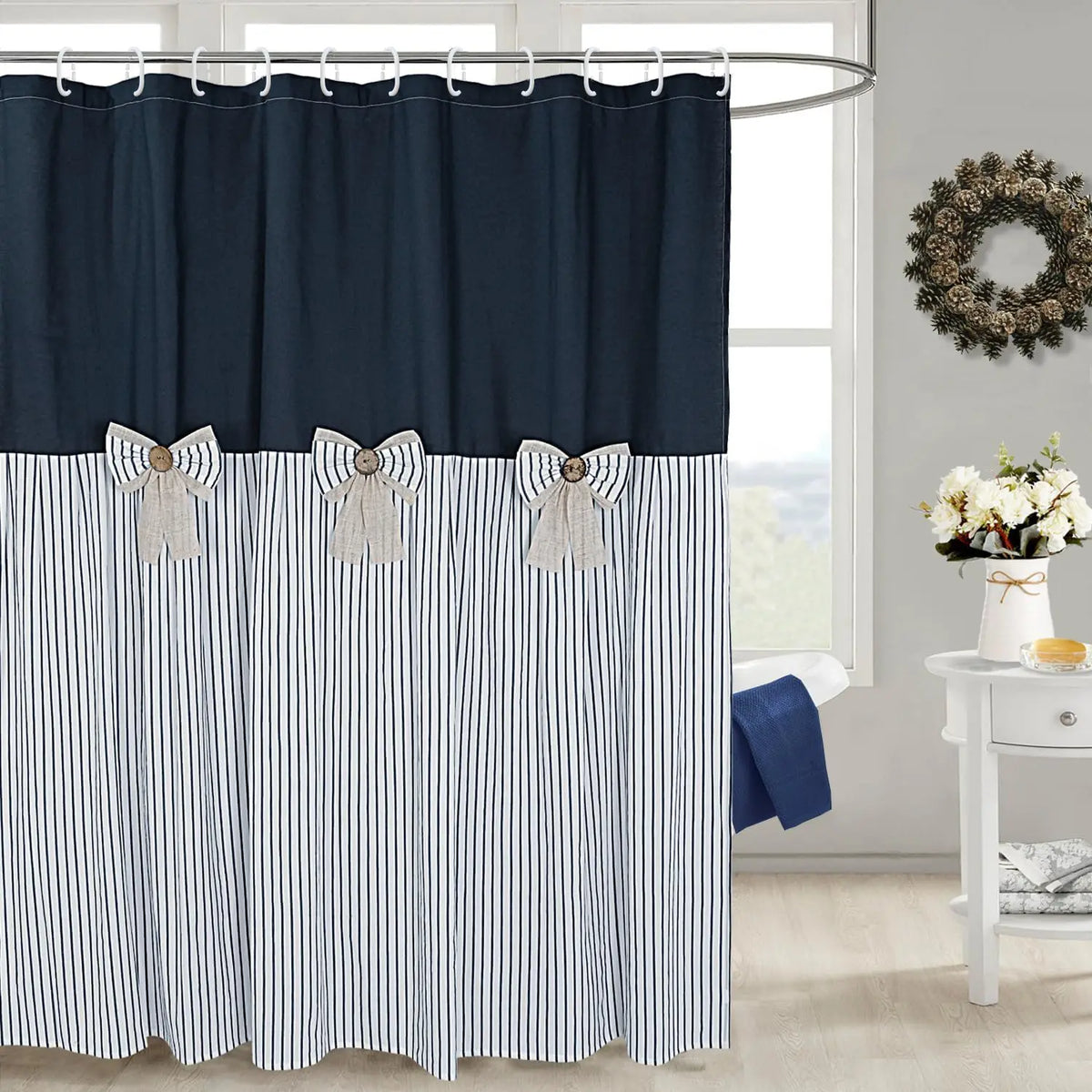 Rustic Farmhouse Shower Curtain - Striped Bottom, Bow Detail, Pattern Design for Cozy Bathroom Decor, Farmhouse Shower Curtains,sohochic