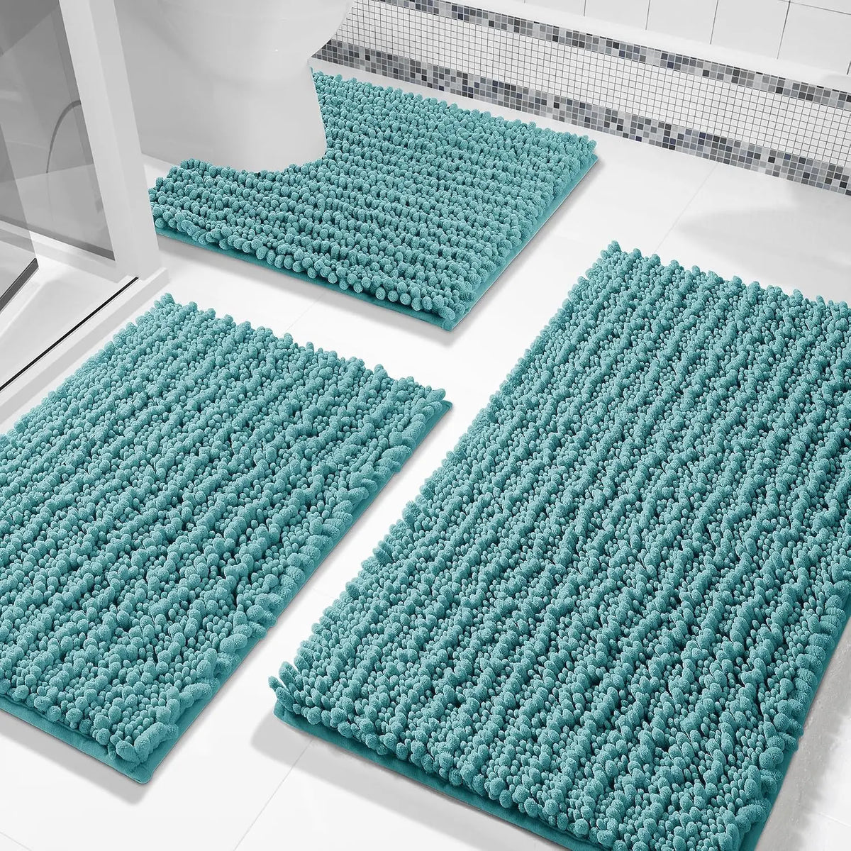 Pet Plush Chenille 3-Piece Rectangle Bathroom Floor Mat Set - 24.4"x20.4", 31.5"x19.8", 44.1"x24" Mats, Fluffy, Super Absorbent, Quick Dry, Non Slip Hot-Melt Adhesive Backing, Easy to Clean, Extra Thick Shaggy, for Toilet, Indoors, Grey (Pet Supplies)