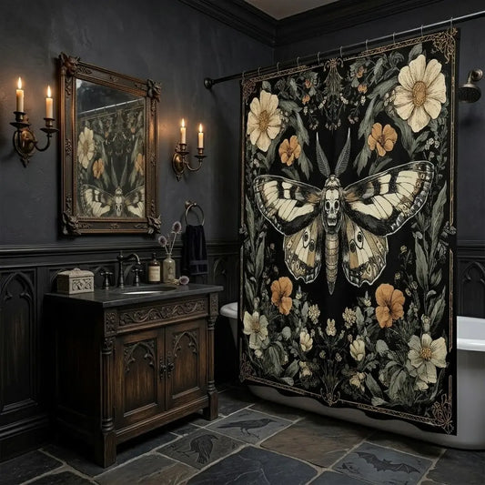 1pcs Vintage Gothic Flower Decorative Shower Curtain, Death Head Moth Floral Print, Dark Academia Halloween Witchy Art, Bathroom Decor for Bathtub