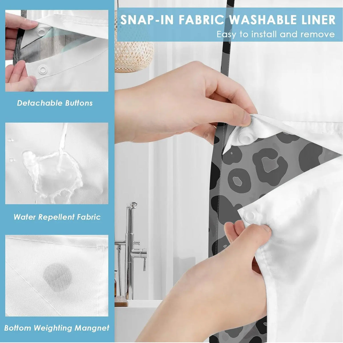 1Pc Hookless Double Layer Shower Curtain, No Hook Shower Curtain With Snap In Liner, Gray Black Leopard Allover Print, Water Repellent Washable Fabric, Removable Snap-in Liner, Top See-Through Window, For Apartment, Hotel, Guest Bath