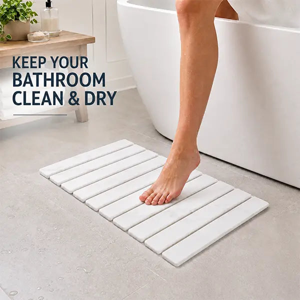Large Slatted Minimalist Natural Stone Diatomaceous Earth Bath Mat - 24x16in Water Absorbent Quick-Dry Shower Rug, Heat Resistant, Durable, Eco-Friendly Bathroom Accessory, Box Packed, Sohochic
