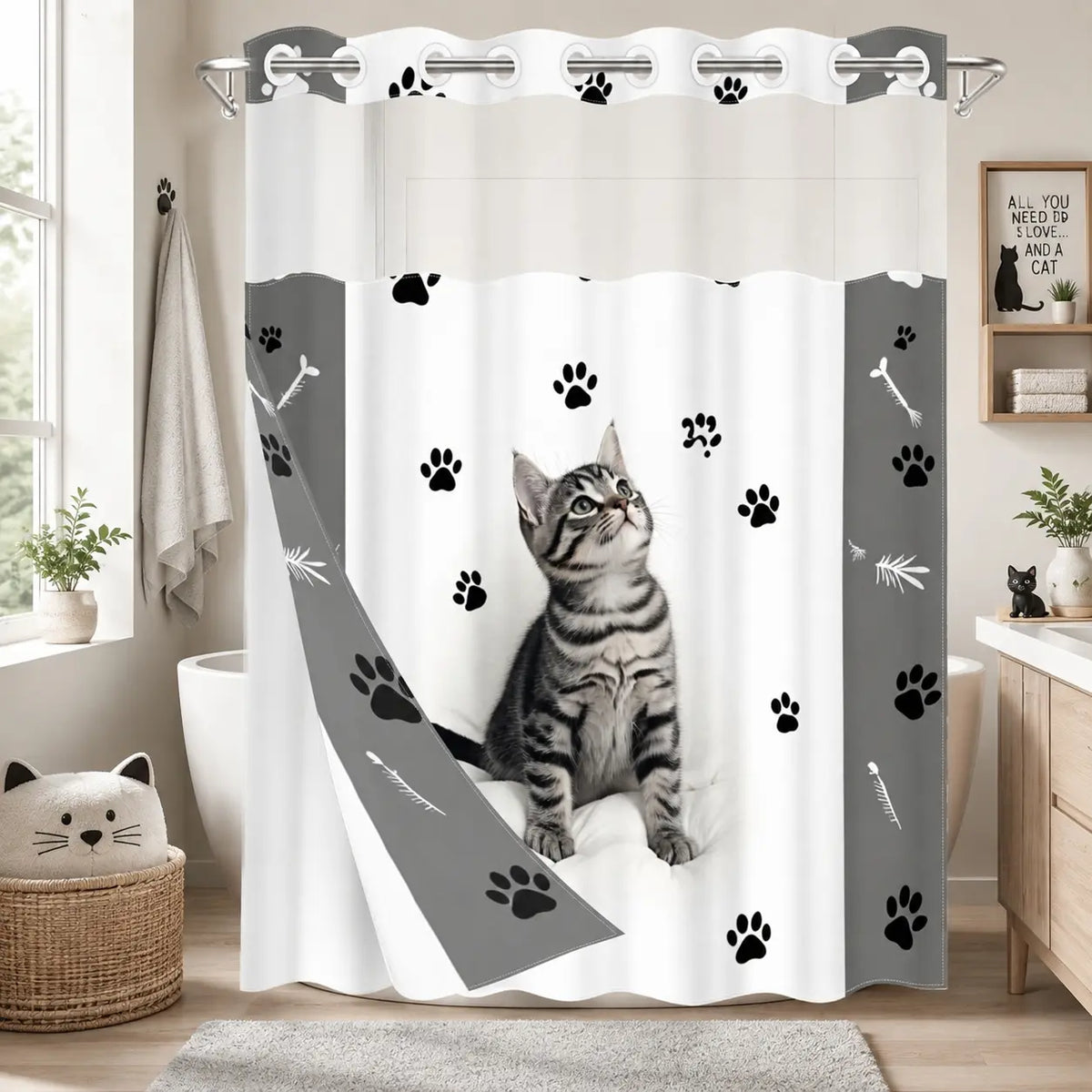 1pc hookless shower curtain with liner, black, white cat paw decorative design 2D printing, fabric waterproof liner, see-through window, double-layer, 71 x 74 inches, modern home decoration, Shower Curtain No Hooks With Liner