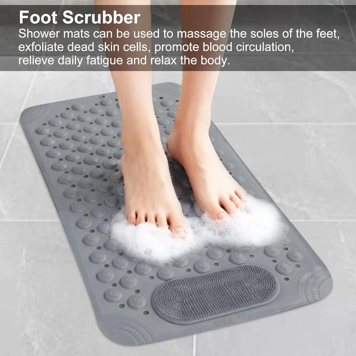 Bath Tub Shower Mat, 27x14 inch Non Slip Bathtub Mat with Suction Cups, Anti Slip Shower Mat with Drain Holes Suction Cups,Shower Foot Scrubber Mat, Foot Massage Bath Mat (Grey)