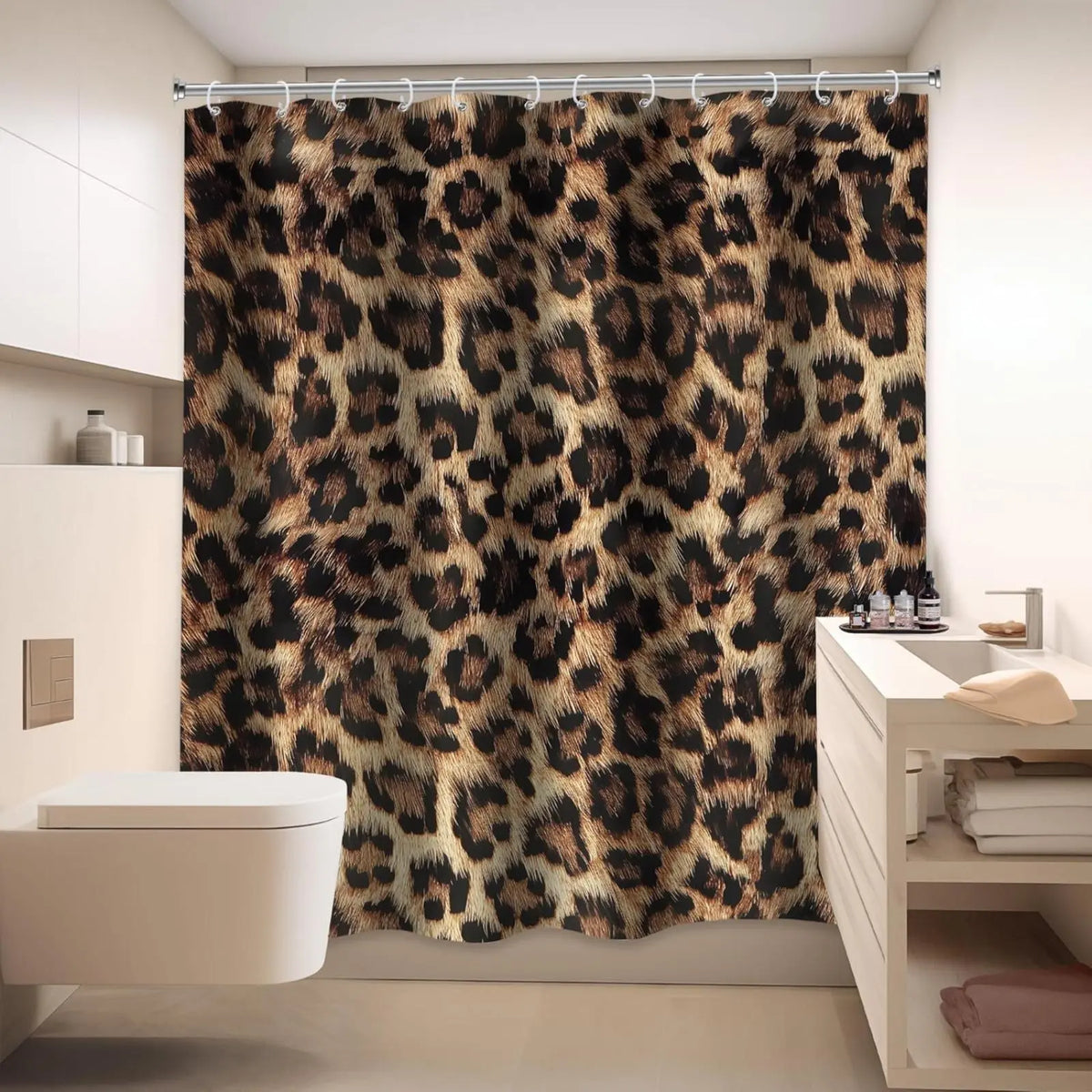 Leopard Print Shower Curtain Wild Safari Skin Pattern Powerful Cheetah Cat Panthera Black Brown Fur Wildlife Waterproof Bathroom Home Decor with Hooks
