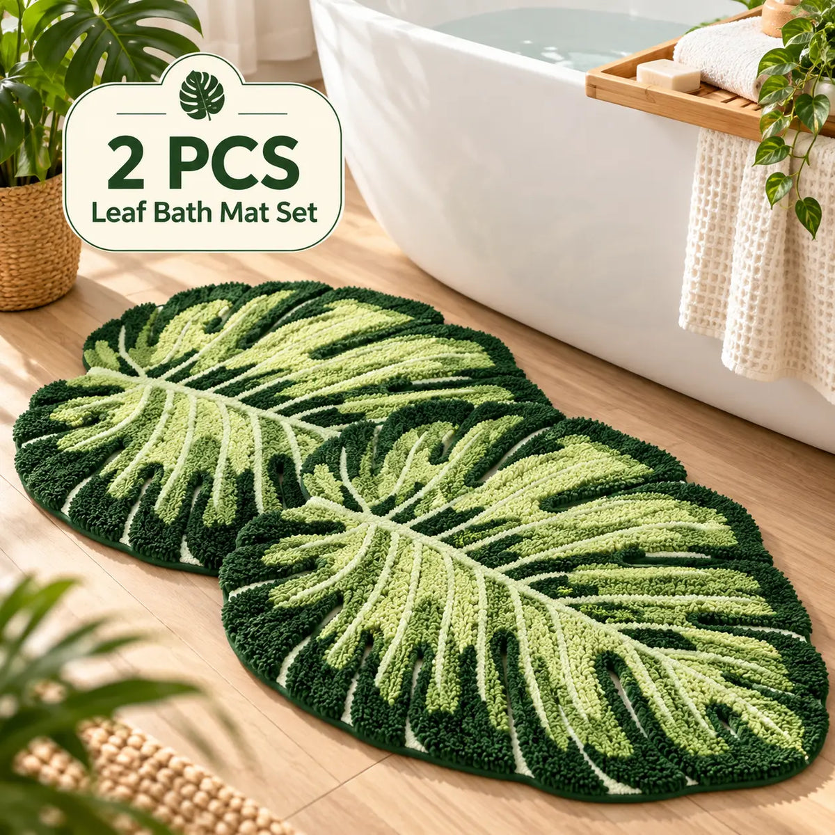 Microfiber Cute Bath Mat (31.5Inx23.5In) - Anti-Skid, Absorbent Fluffy Tufted, Leaf-Shaped, Green Tropical Palm Plants, Decorative, Durable, Machine Washable, Shower Home Accessory, Ideal Gift