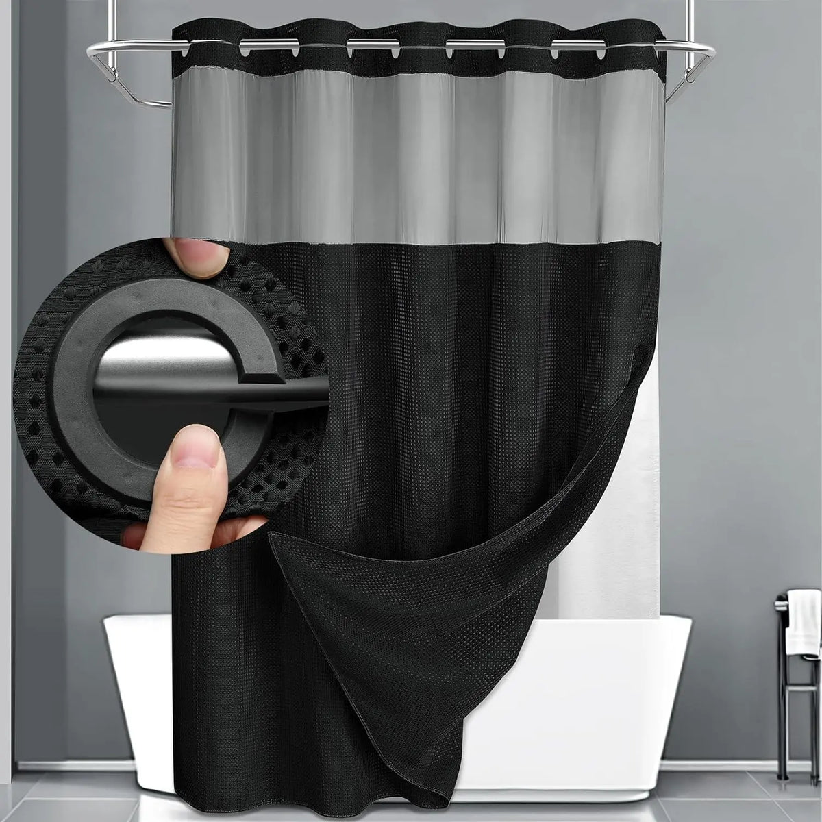 No Hook Washable Waffle Weave Shower Curtain with Snap in Liner -Waterproof Double Layer Shower Curtain With WashableInner Liner,  72 x75 Inch Showercurtain