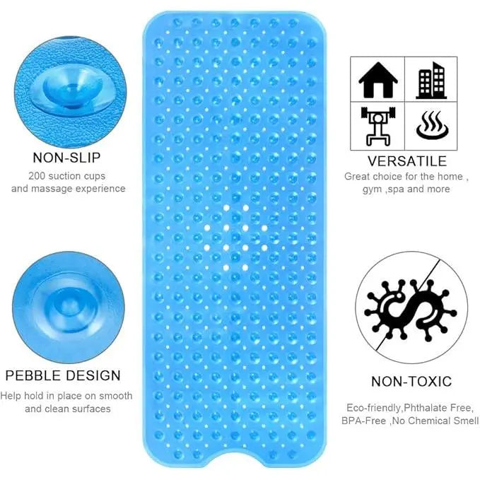 Antislip Grip PVC Bath Mat for Tub, 40x16 in Extra Long Soft Pebble Texture, Machine Washable, Fast-Drying Drainable, Strong Suction Cups, for Family, Bathroom Household Items (Blue, Clear, Light Gray, Black)
