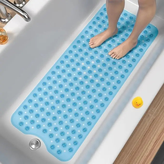 Antislip Grip PVC Bath Mat for Tub, 40x16 in Extra Long Soft Pebble Texture, Machine Washable, Fast-Drying Drainable, Strong Suction Cups, for Family, Bathroom Household Items (Blue, Clear, Light Gray, Black)
