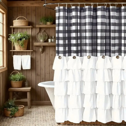 Yrztrk 72"x72" Farmhouse Ruffle Polyester Fabric Shower Curtain - Bathroom Supplies with Handmade Vintage Buttons, Rustic Country Plaid Look Black & White Curtain for Master Bathroom, 12-Hole Decor,sohochic