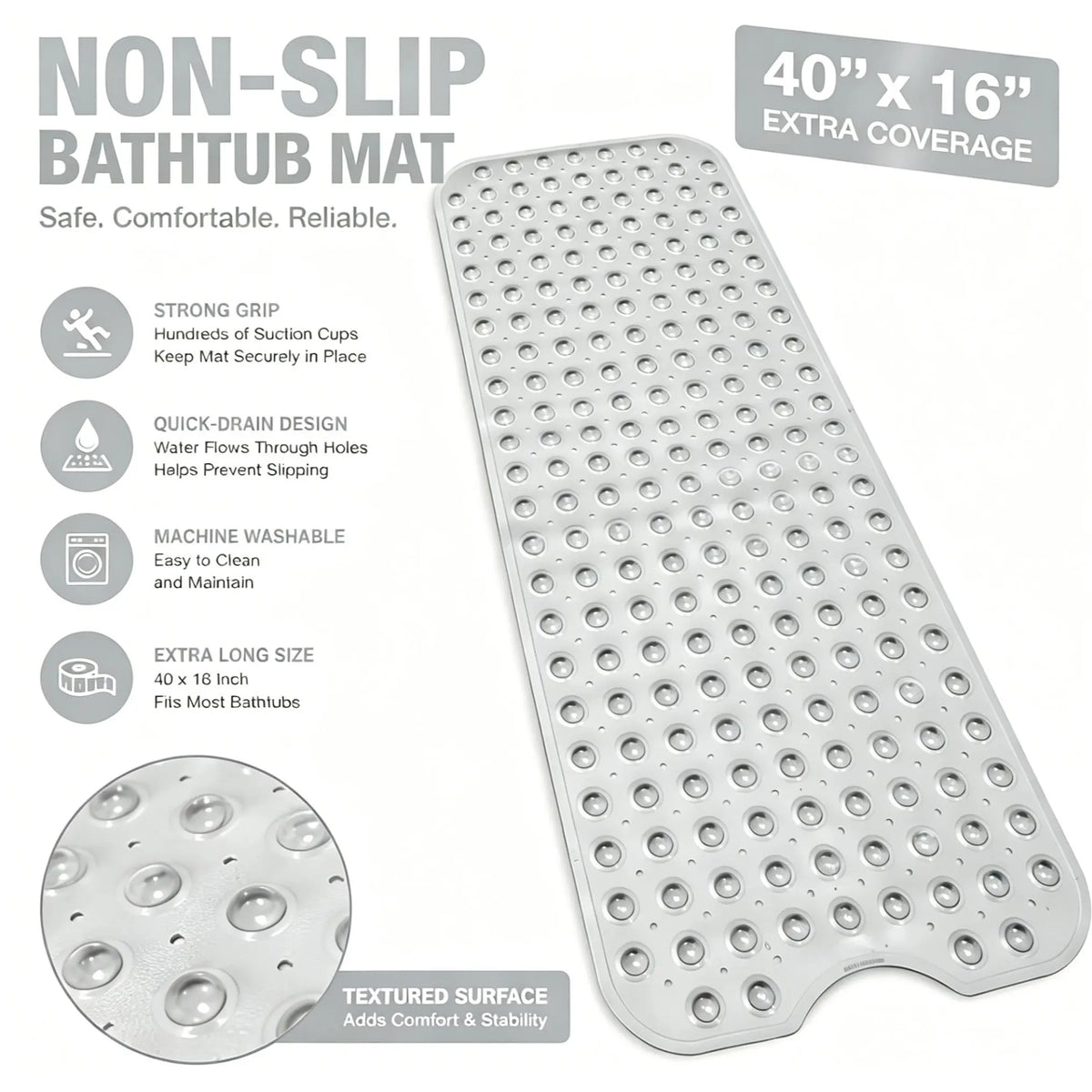 Bathroom Essentials Mat 40x16 Inch,Non Slip Mat With Strong Suction Cups,Large Machine Washable Shower Rug,Drain Holes Keep Tub Clean,Waterproof Mold Resistant Rubber PVC Mat,Blue Black Transparent Light Gray,Bathroom Supplies,Holiday Gift For Family, Bat