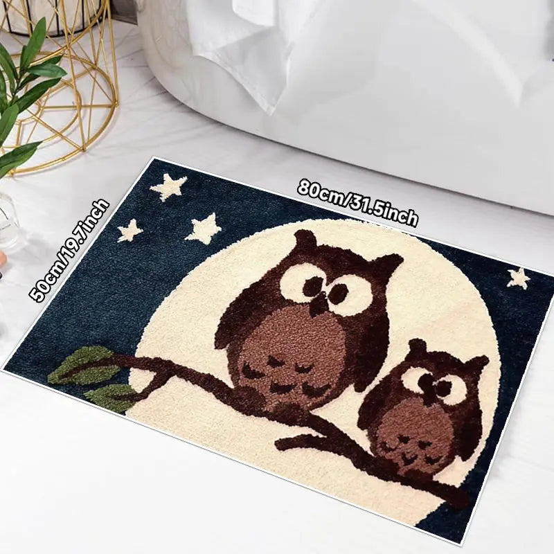 Moonlit Owl Bathroom Rug, Non-Slip Bath Mat, Soft Comfortable Shower Carpet, Deep Blue Starry Sky Design, Durable Floor Pad