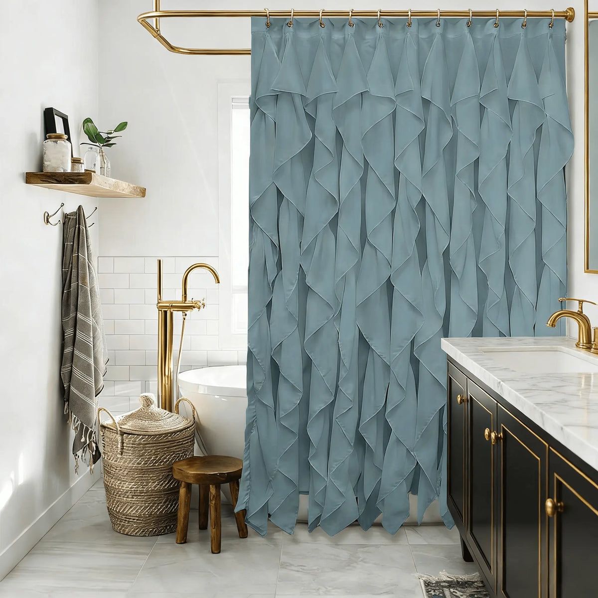 Ruffled Shower Curtain for Farmhouse Bathroom, Restroom, Home Goods, Dual Layer Fabric, Textured Design, 72x72 Inches, Opaque, Elegant Decoration, Decorative Shower Curtain, Aesthetic Shower Curtain, Farmhouse Shower Curtains for Bathroom