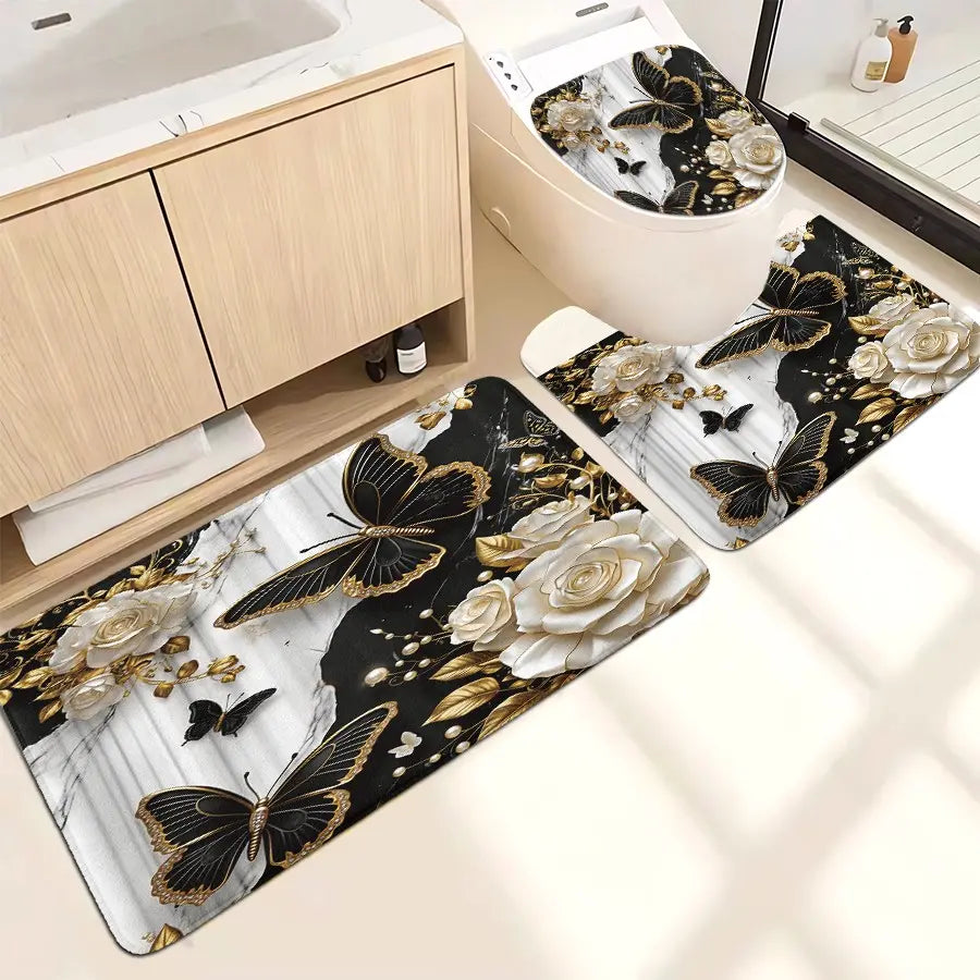Bathroom Shower Curtain Set, Marble Butterfly Pattern, Luxury Theme Decor, Bath Mat Rug, Includes 12 Hooks, Home Decoration Gift, Restroom Bathroom Accessories