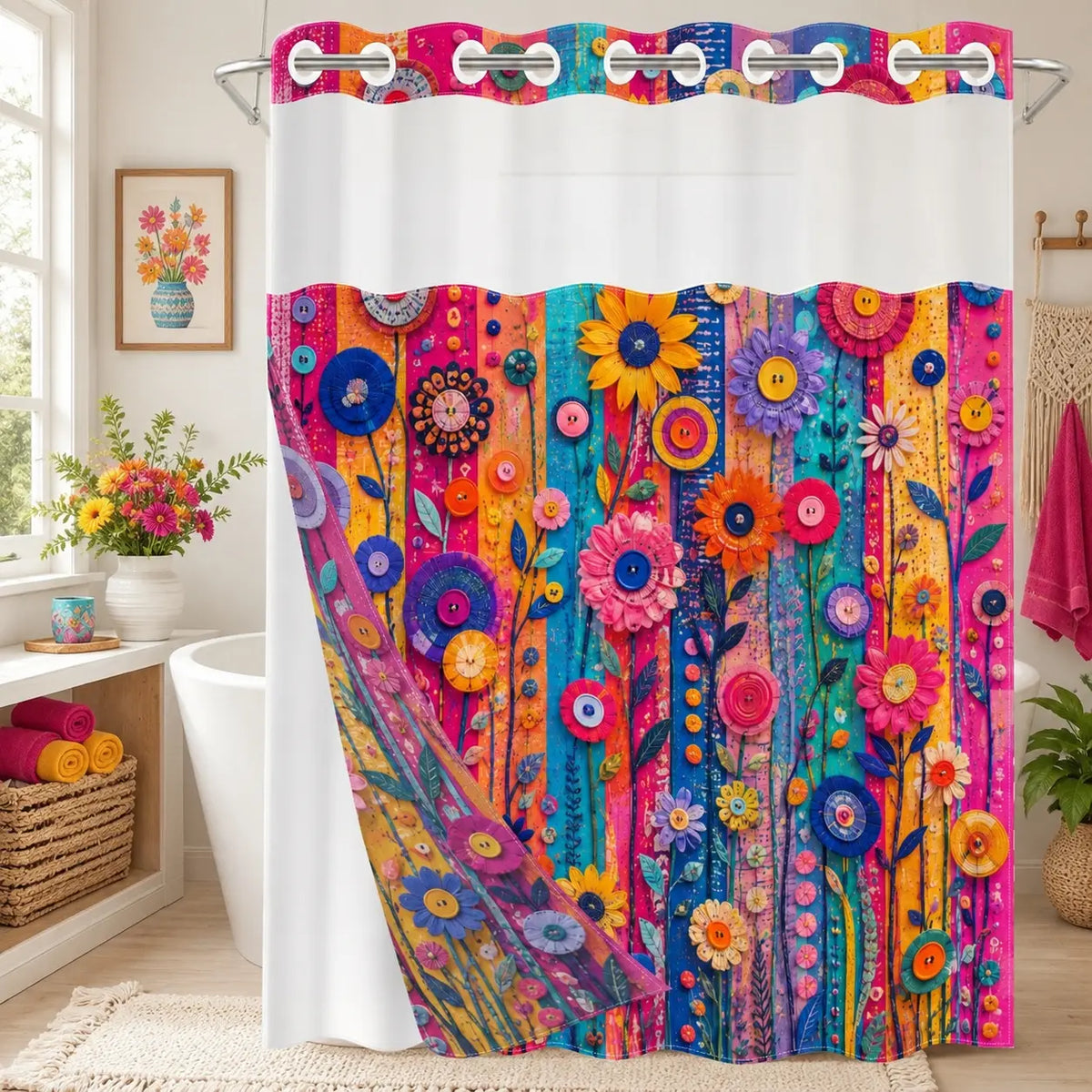 1PC/4PCS 2D Flat Printing Striped Floral Shower Curtain, Floral Shower Curtains For Bathroom, Printed Shower Curtain, home bathroom decor accessories, shower curtain set with 12 hooks, non-slip bathroom rug, U-shaped toilet seat cover