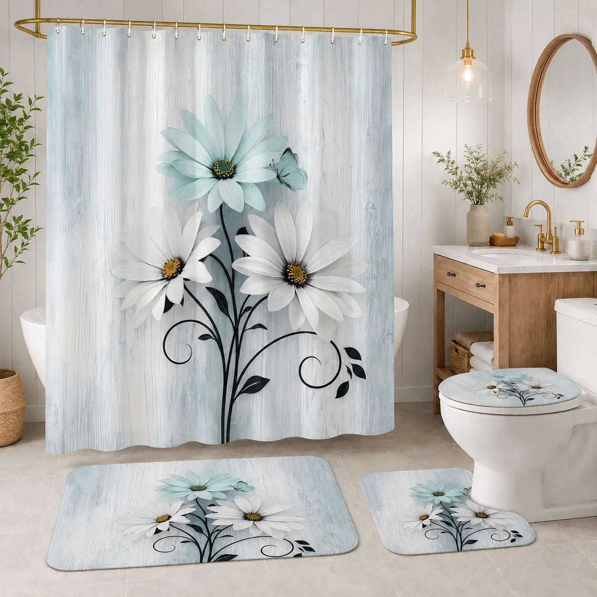 4-Piece  Pink Country Farmhouse Shower Curtain Set with Shower Curtain, Mat, and Accessories; Waterproof Decorative Bathroom Shower Curtain Set with 12 Hooks, 72 x 72 in