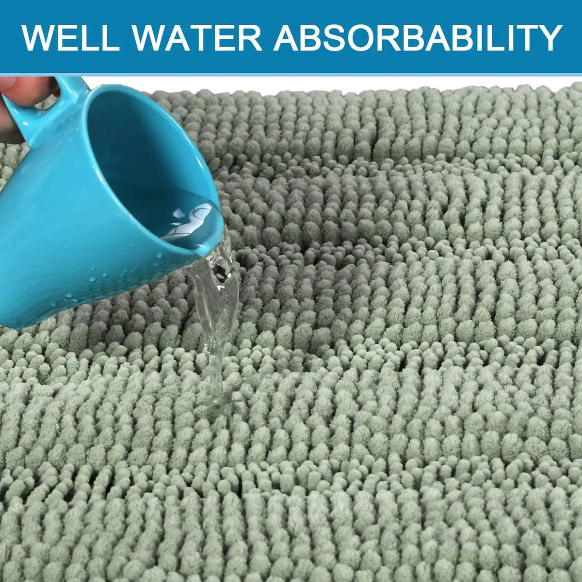 H.VERSAILTEX Sage Modern Shaggy Rectangle Bathroom Rug Set of 2 - Extra Thick Chenille Stripes, Soft, Water Absorbent, Non Skid, Washable, Tumble Dry Safe (32x20in + 24x17in) | Bath Mat for Tub Non Slip, Modern Home Decor, Wetfloor Grip