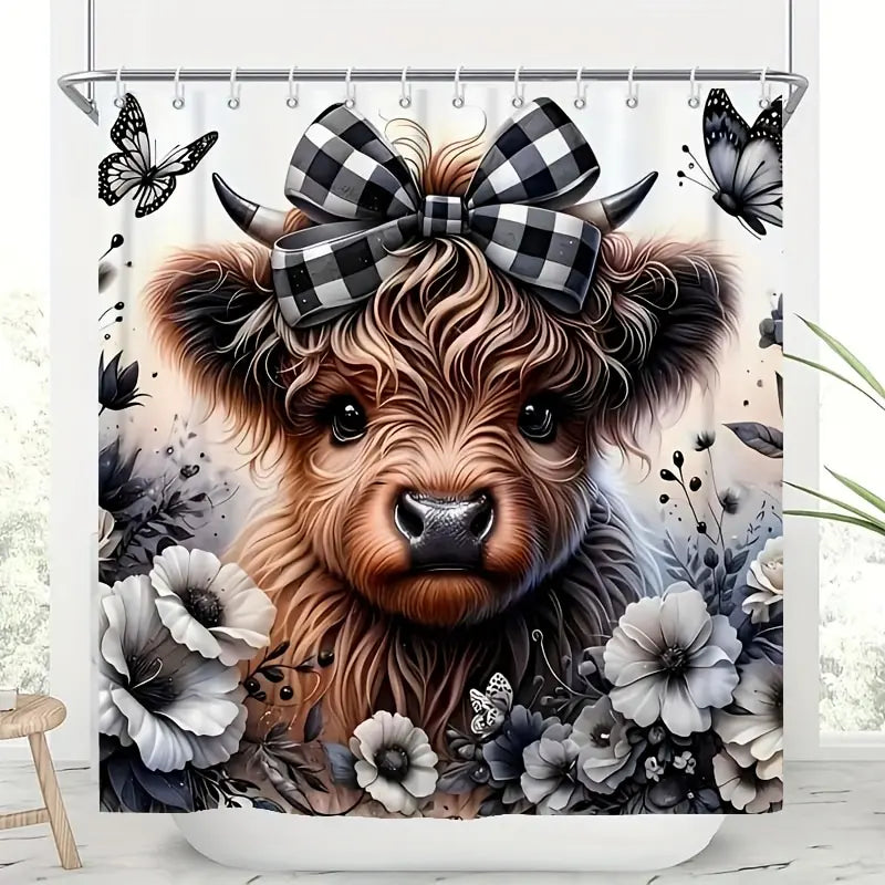 4pcs Exquisite Small Cow Bathroom Set Package - Polyester Non-Slip U-Shaped Toilet Seat Cover, High-Quality Shower Curtain with 12 Durable Hooks, Garden Glam Home Bathroom Decor for All Styles