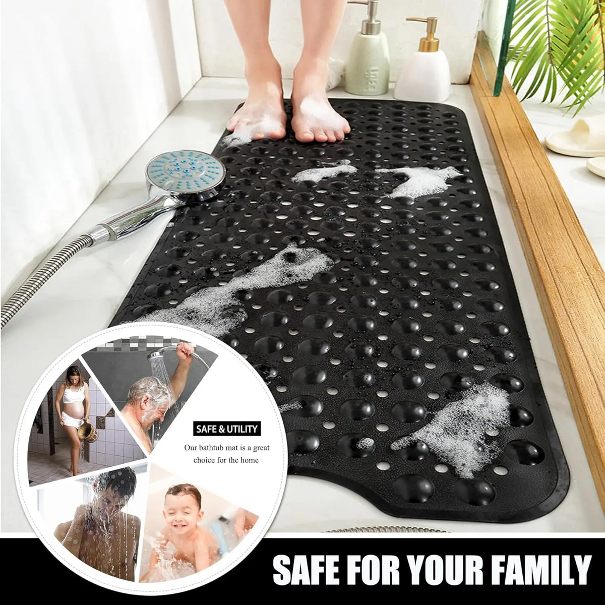 Shower Floor Mat 40x16 Inch,Non Slip Bath Mat With Firm Suction Cups,Extra Large Machine Washable Bathtub Rug,Drain Holes Keep Tub Clean,Waterproof Mold Resistant Rubber PVC Mat,Blue Black Transparent Light Gray,Home Essentials For All Ages Family