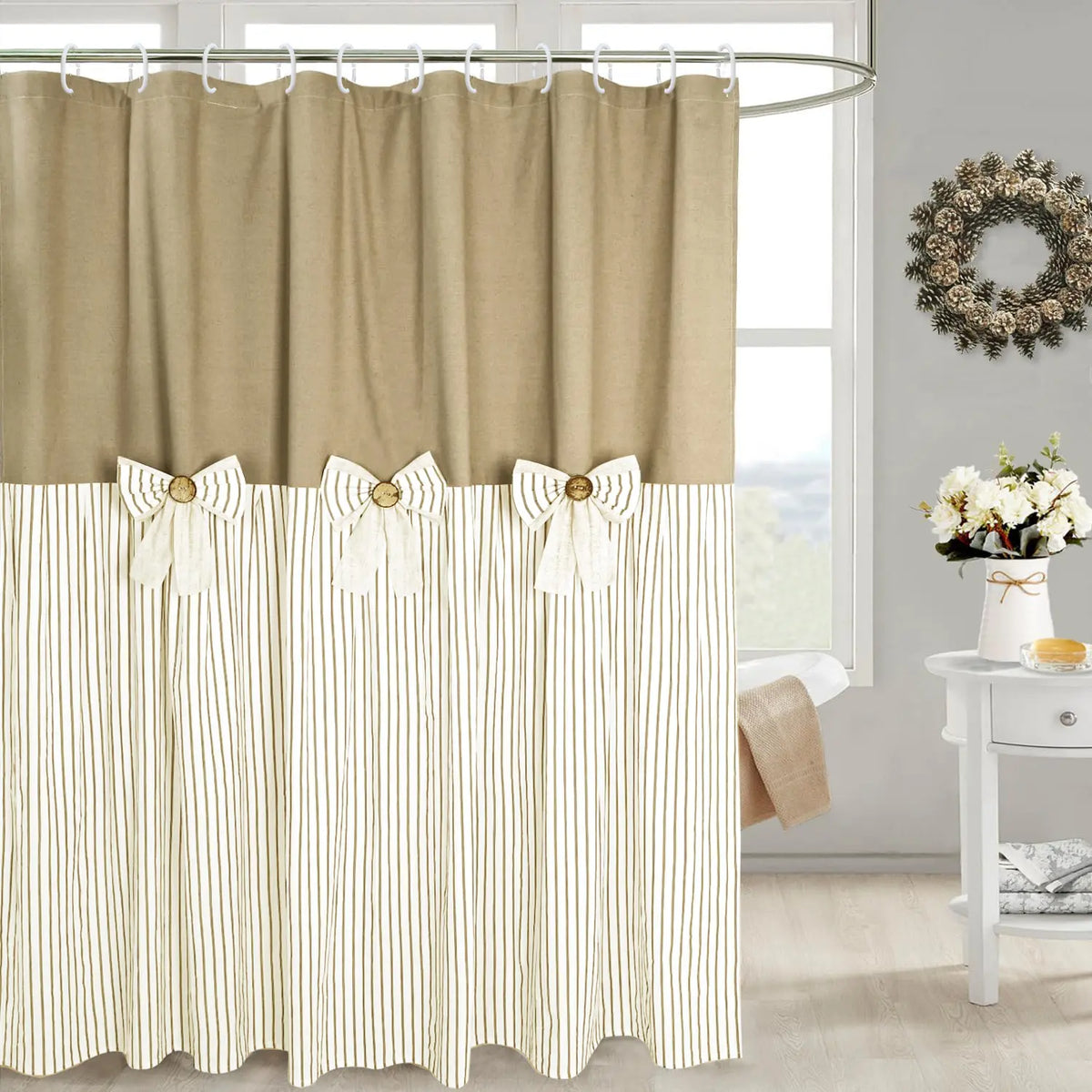 Rustic Farmhouse Shower Curtain - Striped Bottom, Bow Detail, Pattern Design for Cozy Bathroom Decor, Farmhouse Shower Curtains,sohochic