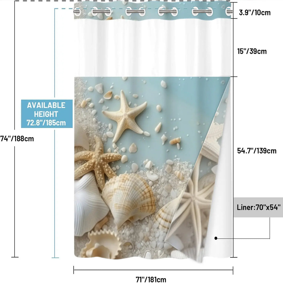 1Pc Hookless Double Layer Shower Curtain, Coastal Seashell Starfish Beach Print, Bathroom Makeover Decor Curtain, Water Repellent Washable Fabric, Removable Snap-in Liner, Top See-Through Window, For Apartment, Hotel, Guest Bath