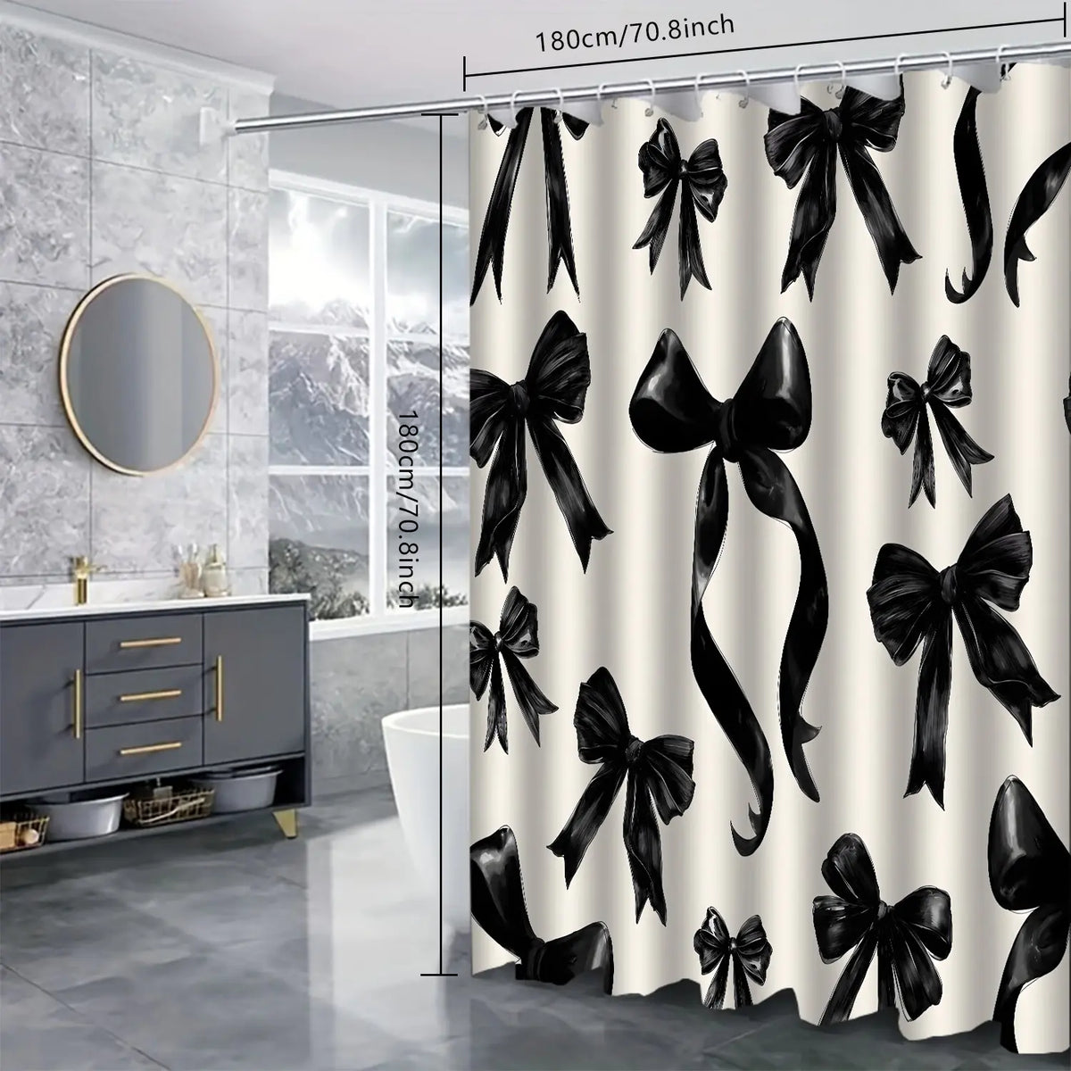 LVRLVR 4Pcs Black Bow Print Minimalist Cream Tone Decorative Set Bathroom Curtains Shower 70.8×70.8 Inch