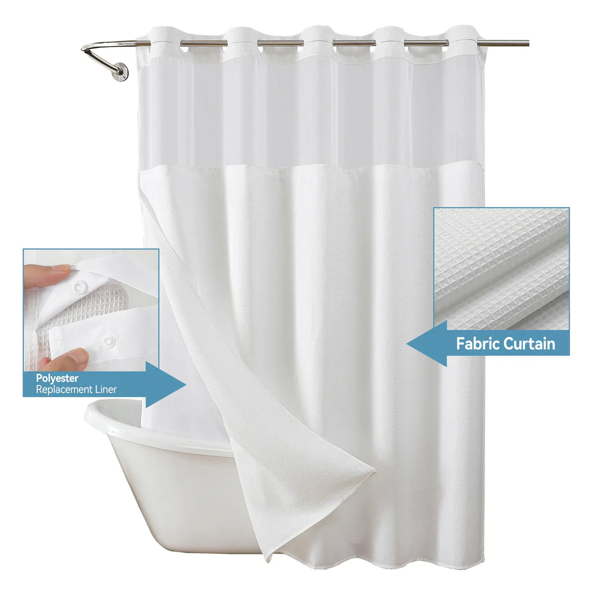 Hookless White Polyester-cotton Shower Curtain, Double-layered Bathroom Curtain, Removable Inner Lining,Transparent Mesh Top Window, Modern Bathroom Decor,sohochic