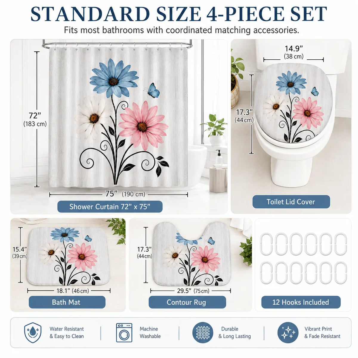 4-Piece  Pink Country Farmhouse Shower Curtain Set with Shower Curtain, Mat, and Accessories; Waterproof Decorative Bathroom Shower Curtain Set with 12 Hooks, 72 x 72 in