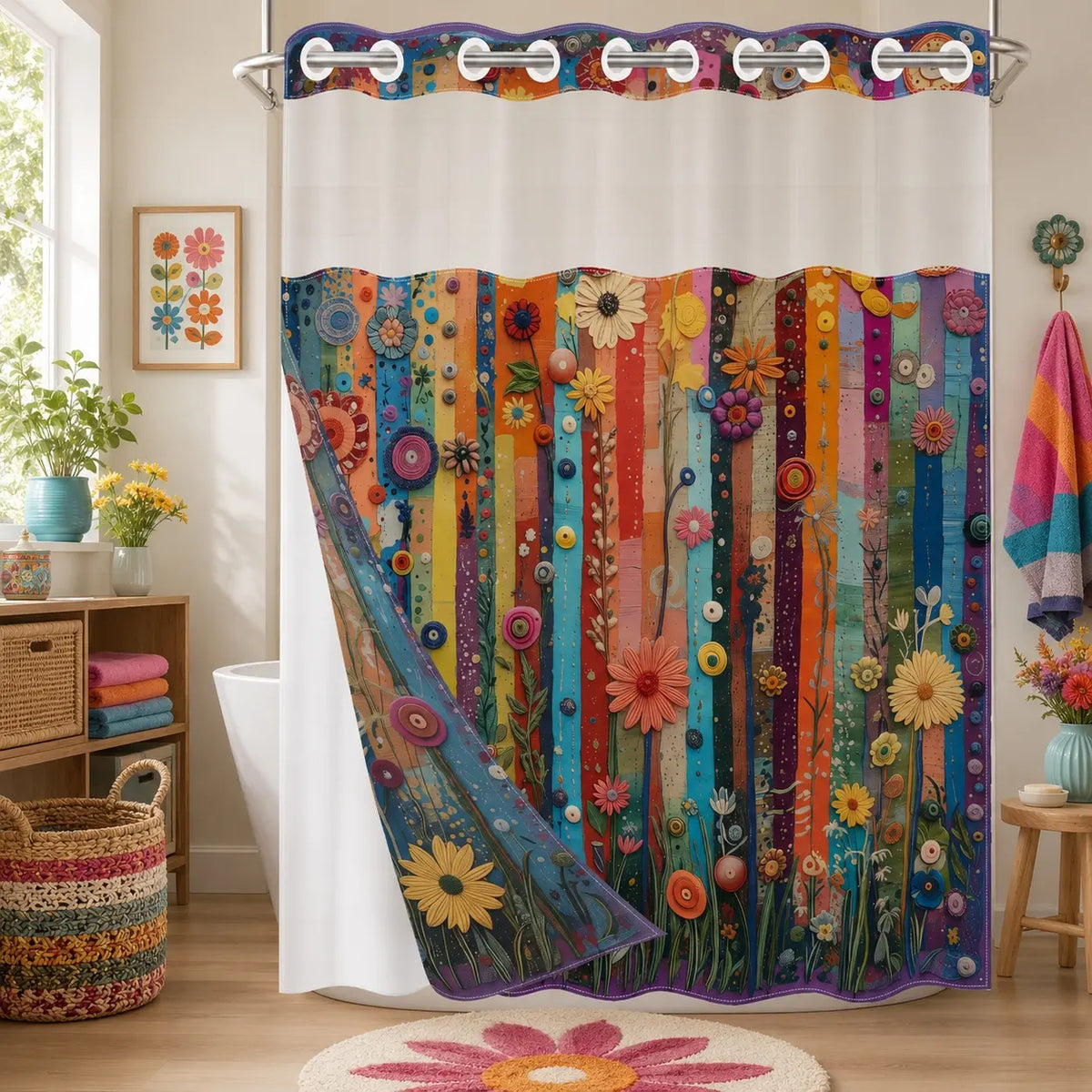 1PC/4PCS 2D Flat Printing Striped Floral Shower Curtain, Floral Shower Curtains For Bathroom, Printed Shower Curtain, home bathroom decor accessories, shower curtain set with 12 hooks, non-slip bathroom rug, U-shaped toilet seat cover