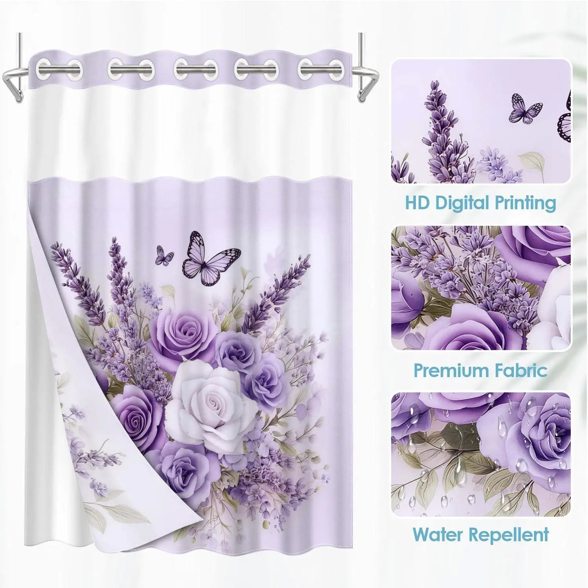 1 PC No Hook Double Layer Pretty Shower Curtain, Floral Shower Curtains For Bathroom, Lavender Rose & Butterfly Print Bath Curtain, Removable Snap-in Liner & Top See-Through Window, Waterproof Mildew Resistant, Machine Washable Durable Fabric