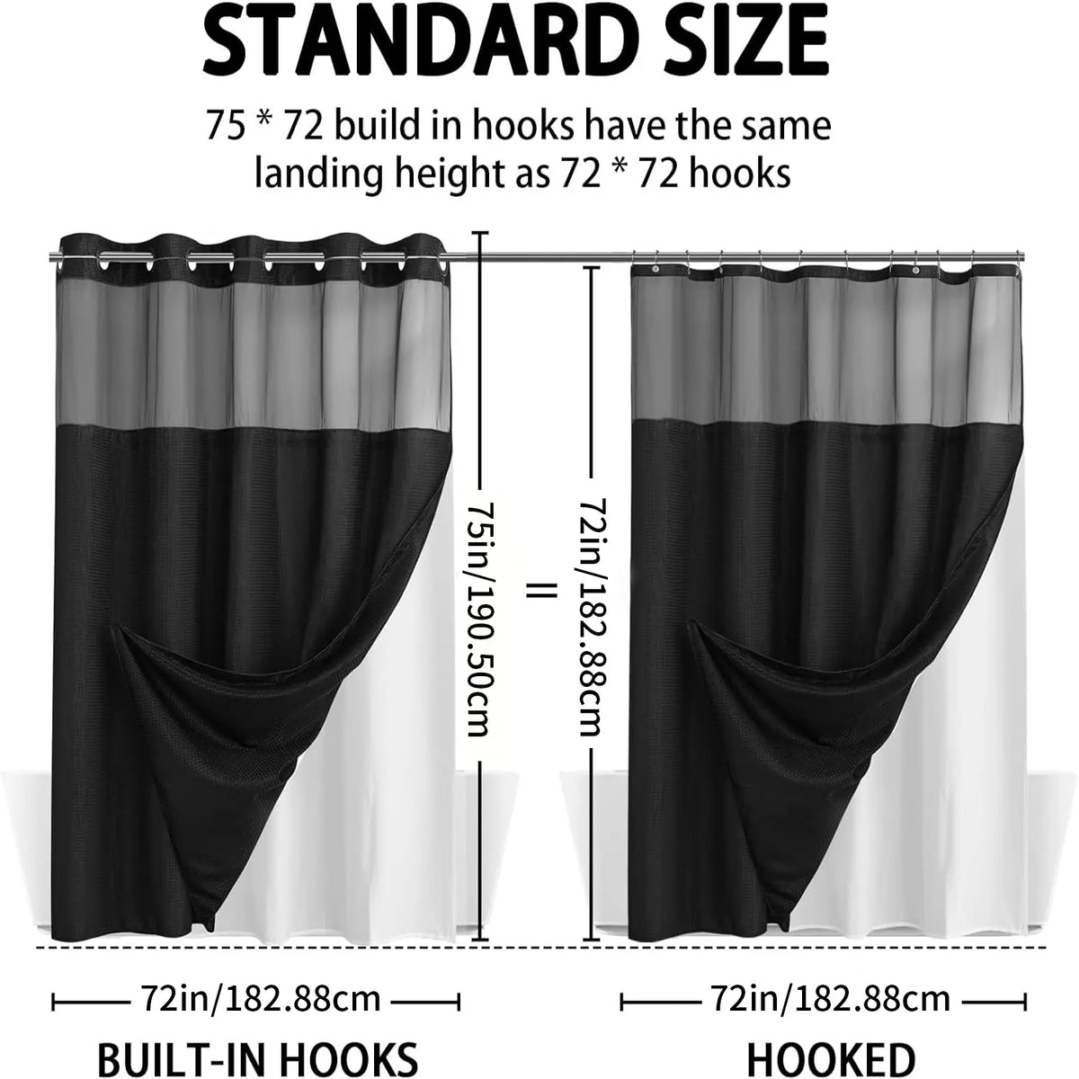 No Hook Waffle Weave Waterproof Shower Curtains for Bathroom, Double-Layer Shower Curtain with Removable Snap-In Liner, Airy Bright Transparent Mesh Top Window, Luxury Bathroom Decor, Modern Washable Home Supply, 72x75in