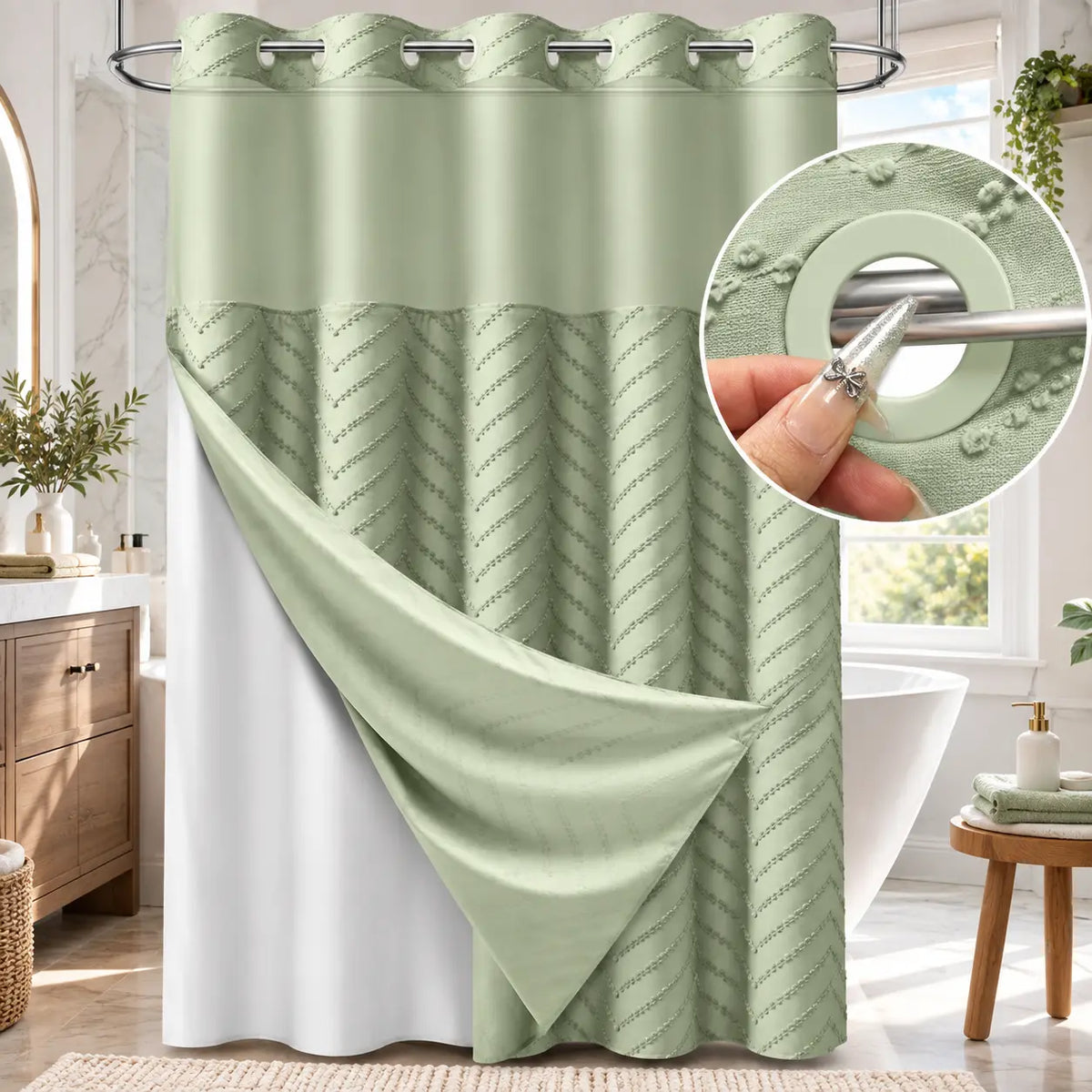 Hookless Shower Curtain with Snap-in Liner, Textured Bathroom Curtain Set, Built-in Plastic Rings, Water-Repellent Polyester Fabric, Machine Washable, 71 x 74 in