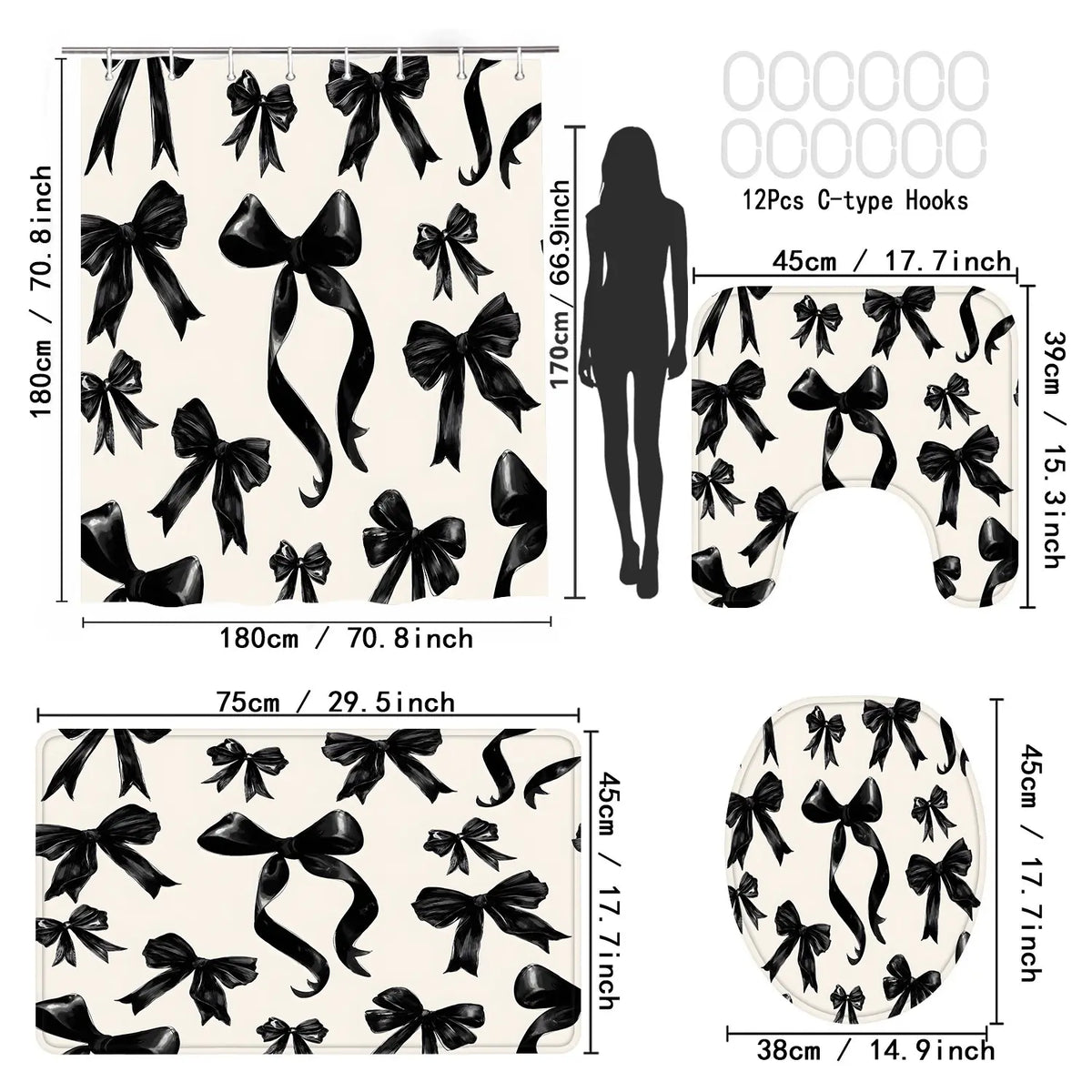 LVRLVR 4Pcs Black Bow Print Minimalist Cream Tone Decorative Set Bathroom Curtains Shower 70.8×70.8 Inch