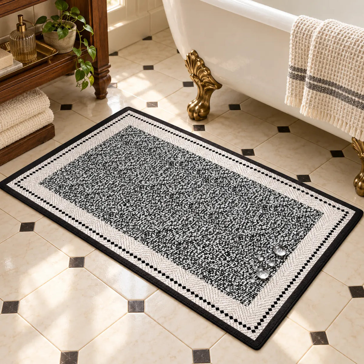 Black and White Abstract Diatomaceous Earth Bath Mat, Super Absorbent Quick Dry Non Slip Bathroom Rug, Stay-Put Floor Mat for Shower, Kitchen, Bedroom Doorway & Front Entryway