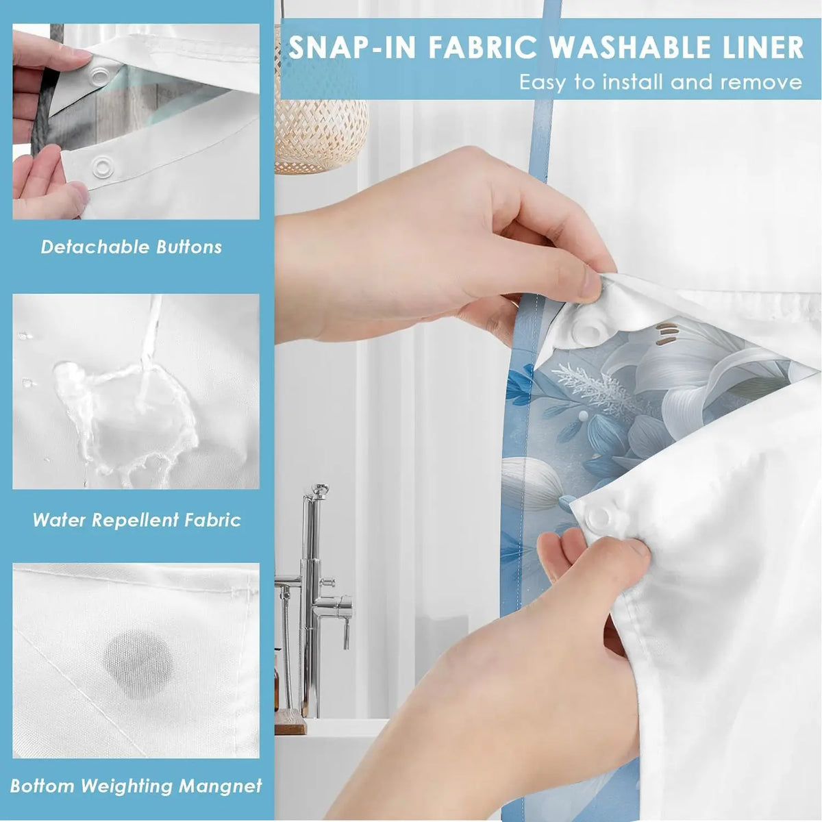 Blue Lily Rose Bird No Hook Shower Curtain Floral with Snap-In Liner, Double Layer Waterproof, Sheer Mesh Top, Removable White Liner, Machine Washable, Farmhouse Garden Decor, Hotel, Dorm & Home Bathroom Accessory, 72 x 74 Inches